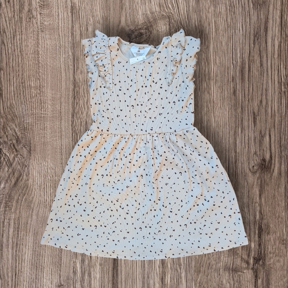 H&M Girls Cream Dress with Black Heart Print and Ruffle Sleeves Cotton Size 4-6